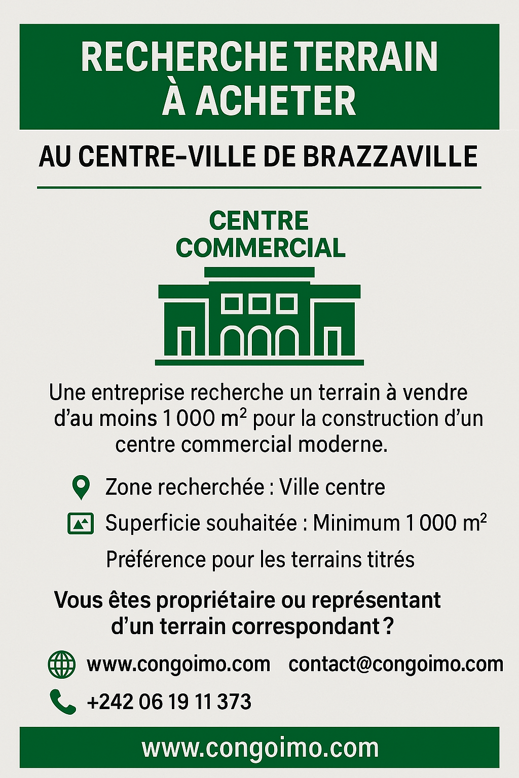 Recherche Terrain à Acheter au Centre-Ville de Brazzaville – Projet Centre Commercial